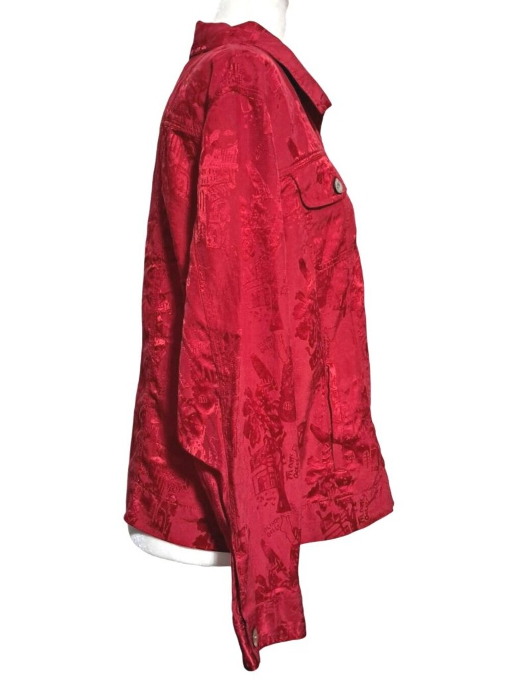 Chicos Silk Blend Jacket Womens Size 2 (L) Red Textured Button Pockets Zip Front - Picture 8 of 9